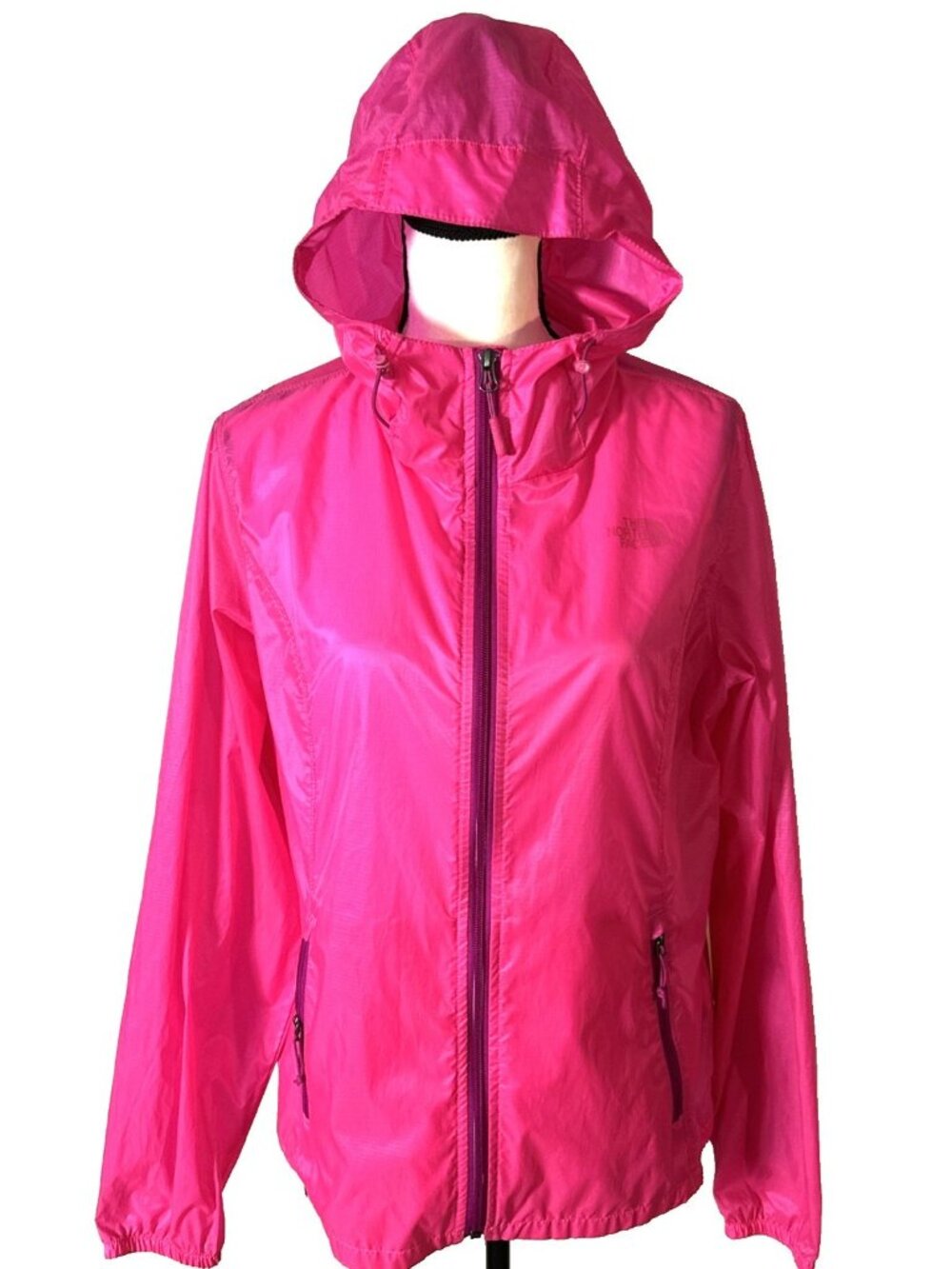 The North Face Pink Windbreaker Jacket Large Hooded Light Rain Pink Semi Sheer